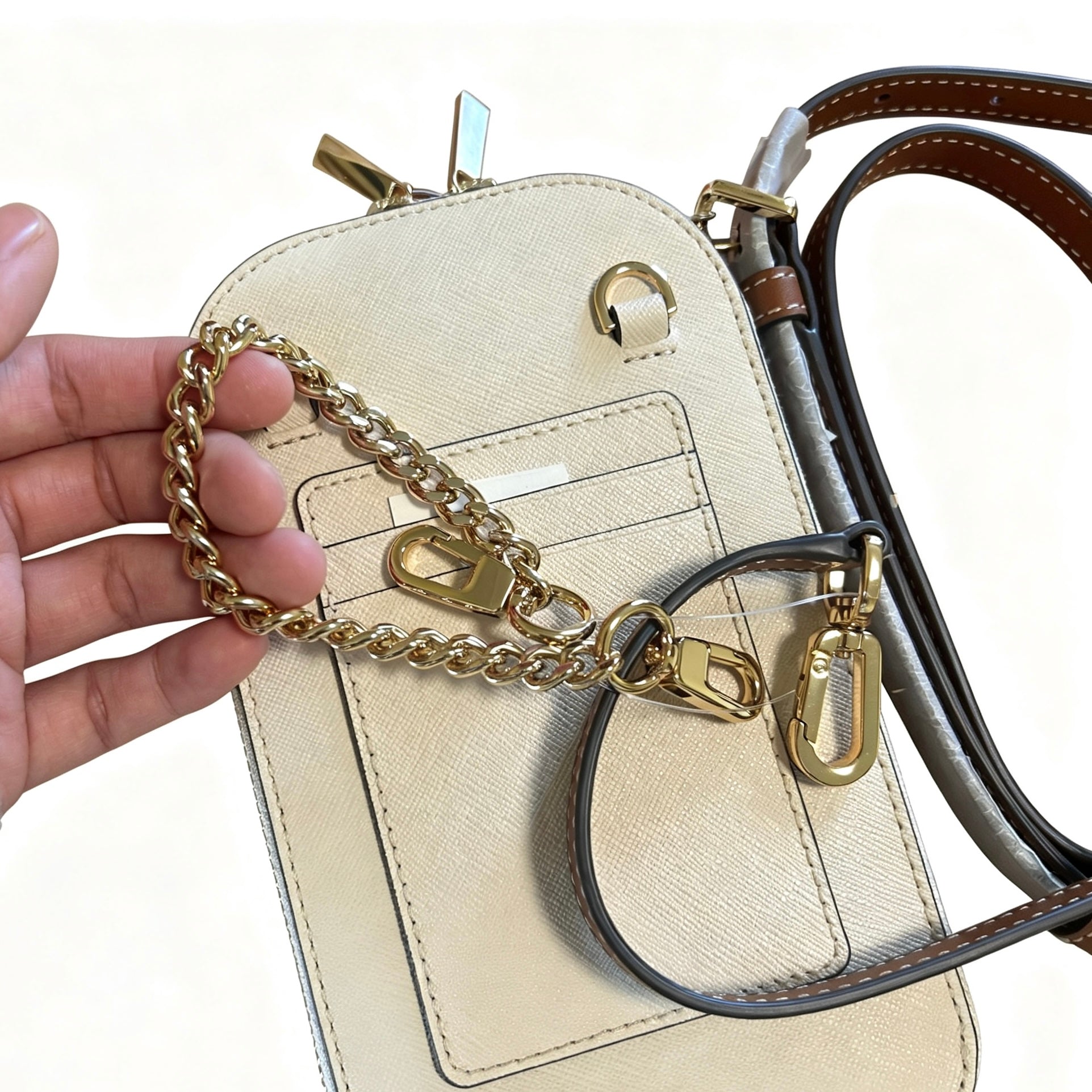 Borsa Tory Burch Frame crossbody telefono applicazioni fiori pelle crema tracolla doppia tracolla catena oro