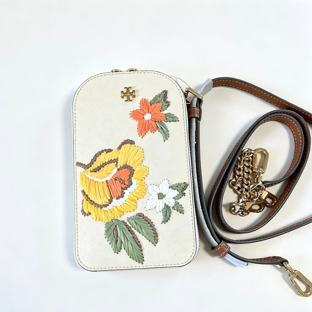 Borsa Tory Burch Frame crossbody telefono applicazioni fiori pelle crema tracolla doppia tracolla catena oro
