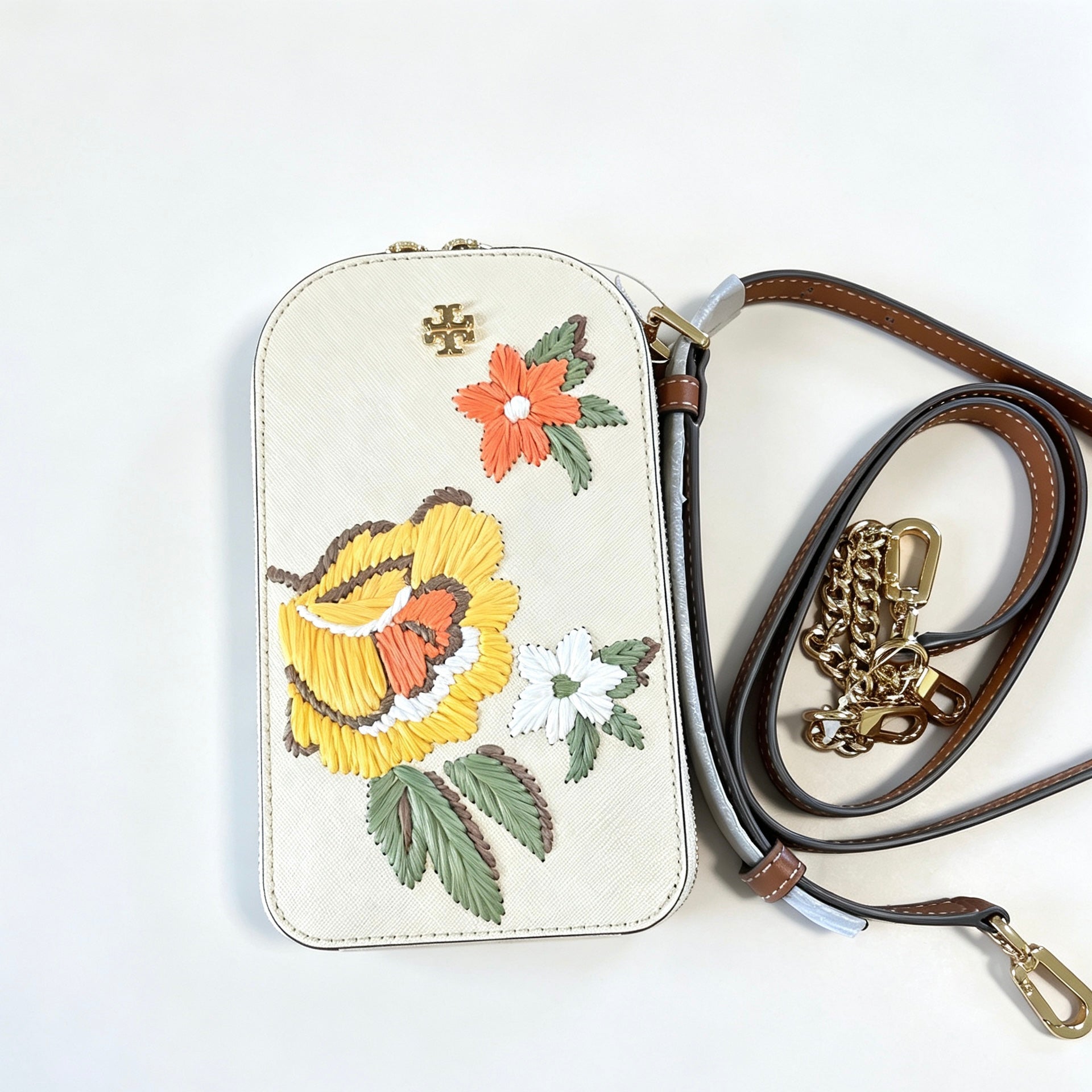 Borsa Tory Burch Frame crossbody telefono applicazioni fiori pelle crema tracolla doppia tracolla catena oro