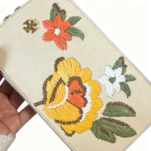 Borsa Tory Burch Frame crossbody telefono applicazioni fiori pelle crema tracolla doppia tracolla catena oro