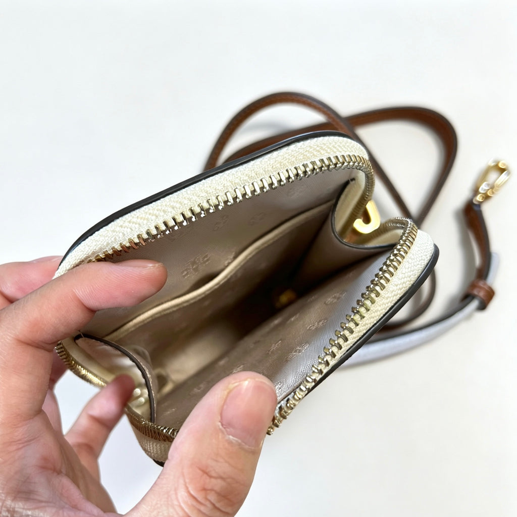 Borsa Tory Burch Frame crossbody telefono applicazioni fiori pelle crema tracolla doppia tracolla catena oro
